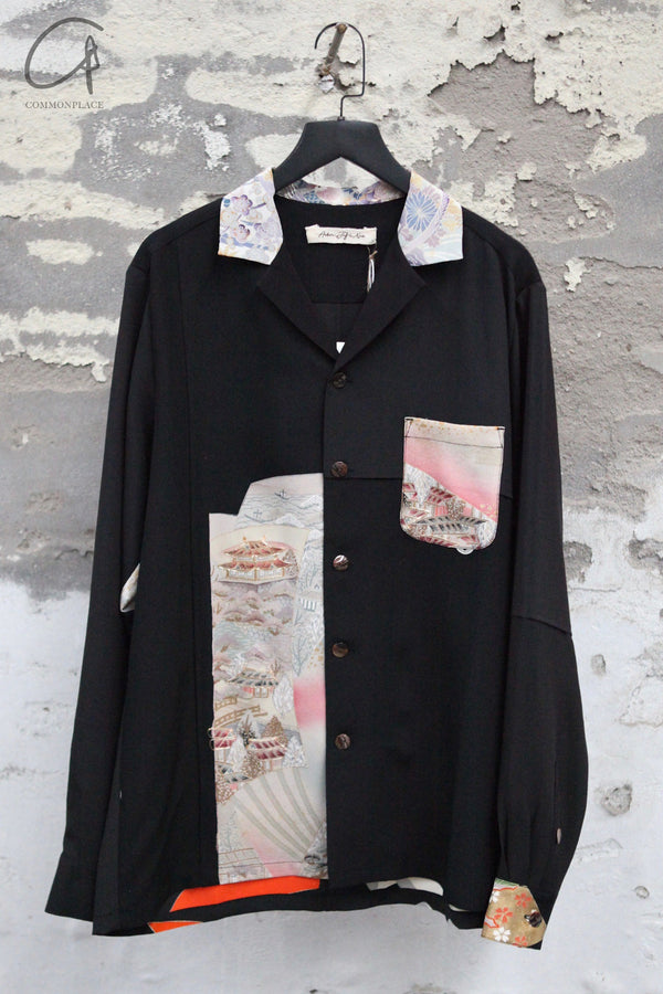 Aviva Jifei Xue Antique Fabric Silk Splicing Handmade Kimono Long Sleeve Shirt Collection AJX-CO-KPLS-BLK-HEI 10